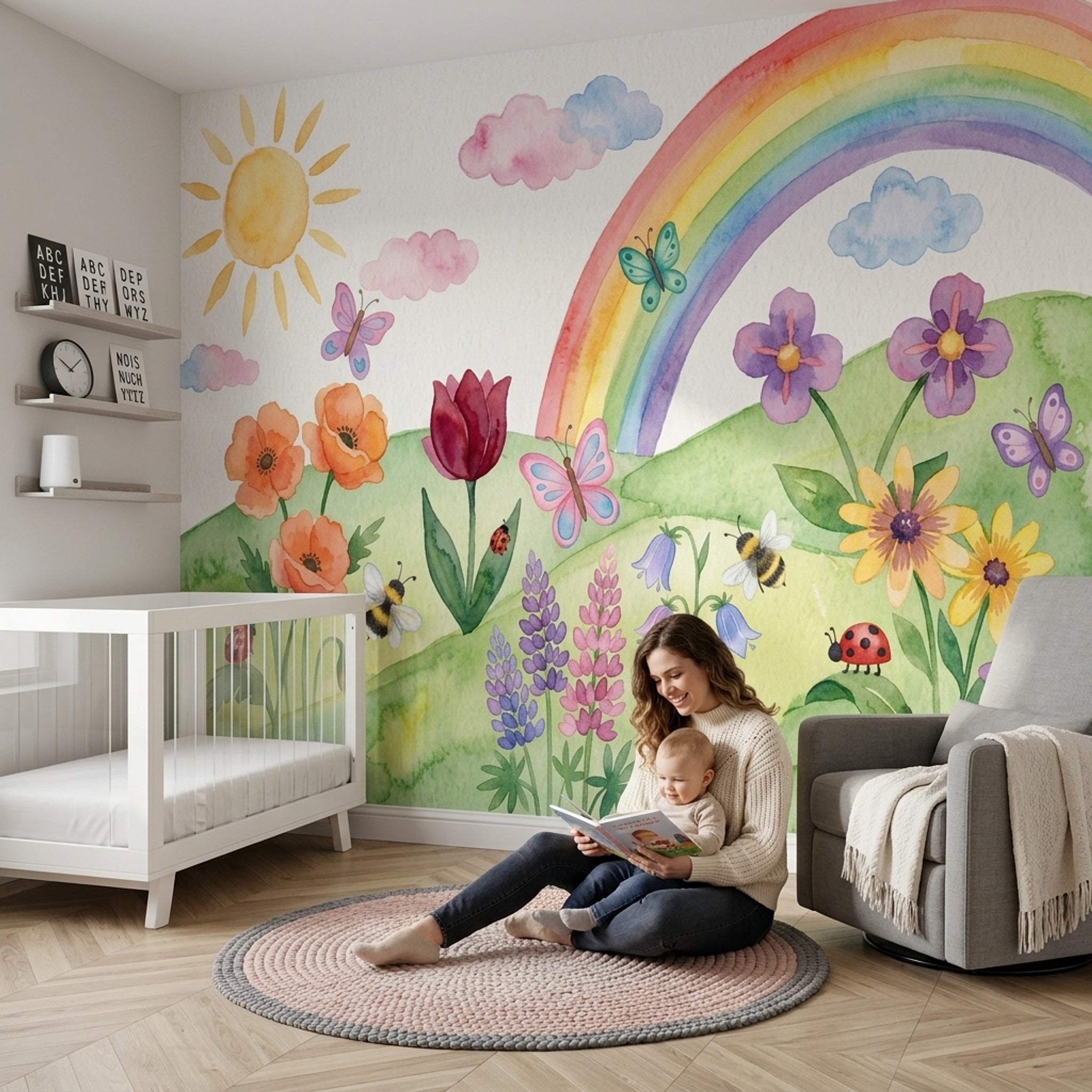 Spring Meadow Wallpaper Watercolor Rainbow Removable Wall Decor