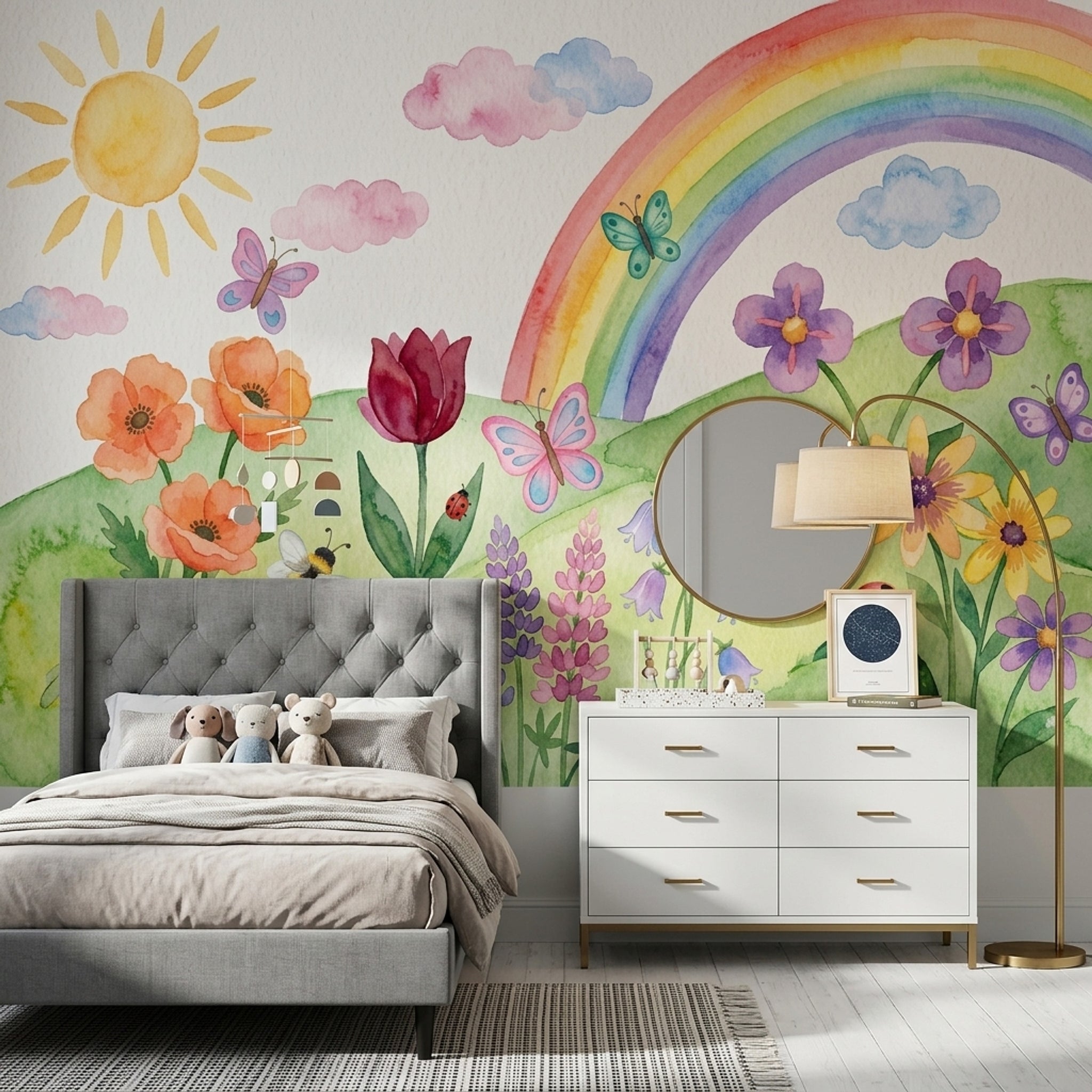 Spring Meadow Wallpaper Watercolor Rainbow Removable Wall Decor