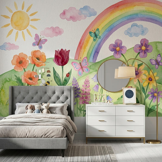 Spring Meadow Wallpaper Watercolor Rainbow Removable Wall Decor