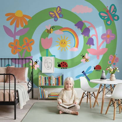 Cartoon Garden Wallpaper Bright Playful Wall Mural