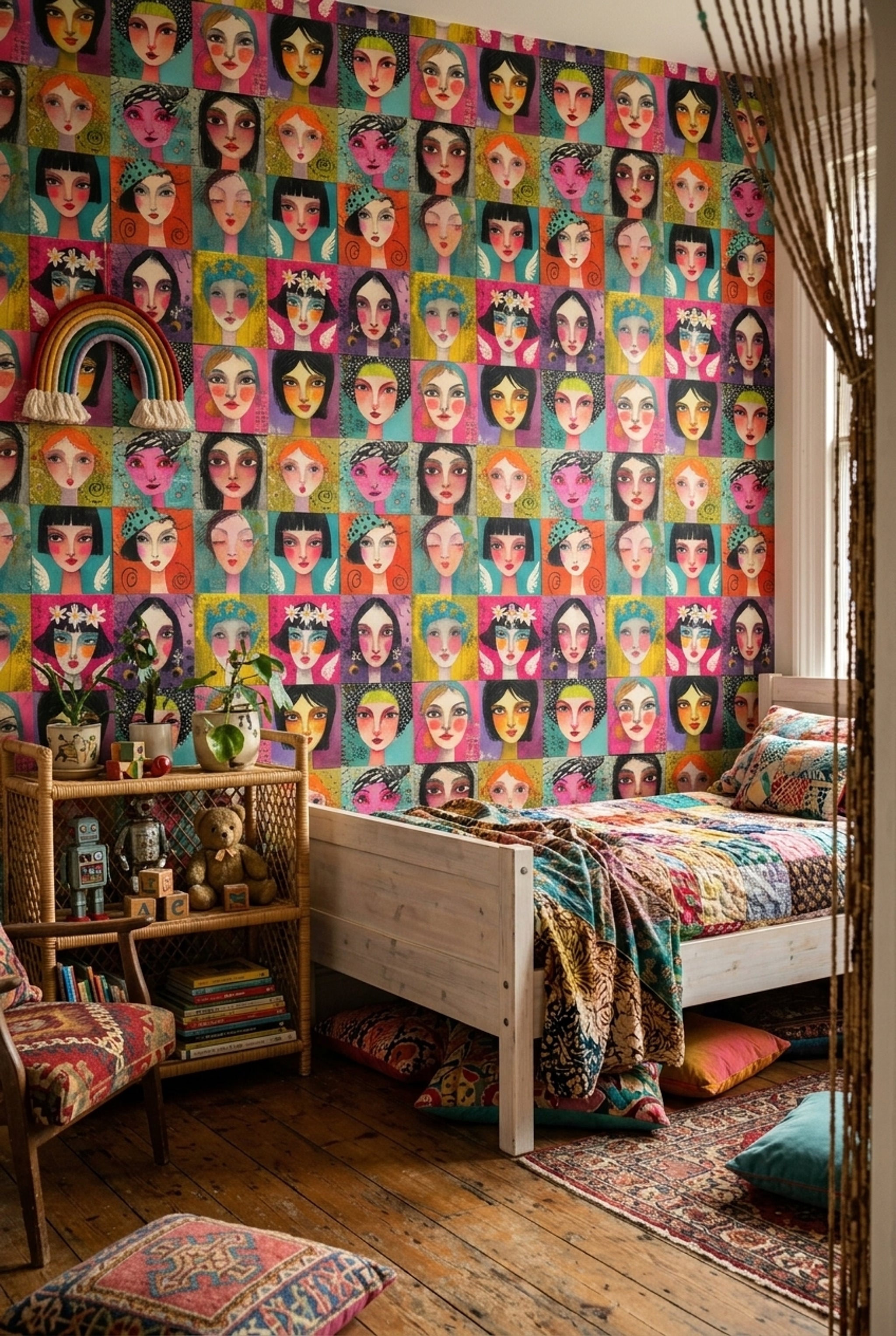 Stylized Female Portraits Wallpaper Colorful Grid Removable Mixed Media Texture Wall Decor