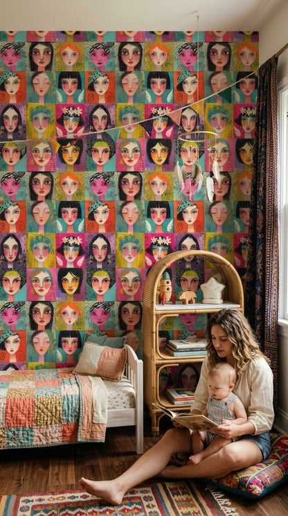Stylized Female Portraits Wallpaper Colorful Grid Removable Mixed Media Texture Wall Decor