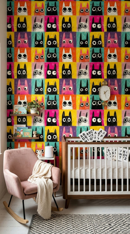 Cartoon Cats Wallpaper Pop Art Colorful Grid Removable Wall Decor