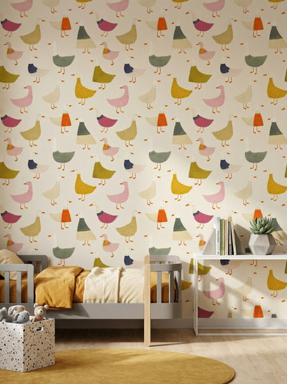 Whimsical Ducks Wallpaper Cream Background Geese Pattern Removable Wall Decor