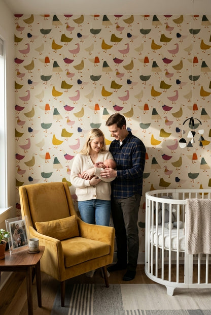 Whimsical Ducks Wallpaper Cream Background Geese Pattern Removable Wall Decor