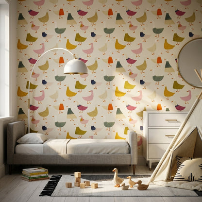Whimsical Ducks Wallpaper Cream Background Geese Pattern Removable Wall Decor