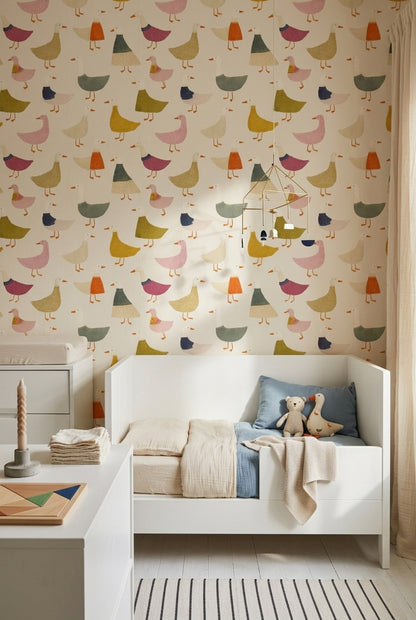 Whimsical Ducks Wallpaper Cream Background Geese Pattern Removable Wall Decor