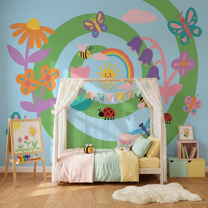 Cartoon Garden Wallpaper Bright Playful Wall Mural