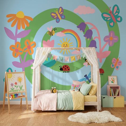 Cartoon Garden Wallpaper Bright Playful Wall Mural