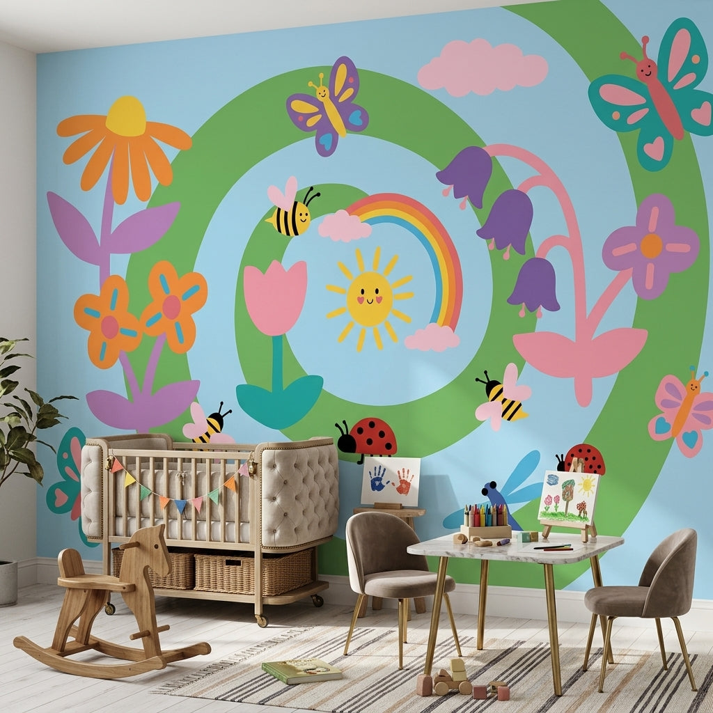 Cartoon Garden Wallpaper Bright Playful Wall Mural