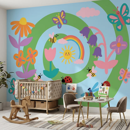 Cartoon Garden Wallpaper Bright Playful Wall Mural