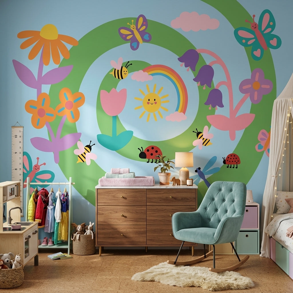 Cartoon Garden Wallpaper Bright Playful Wall Mural