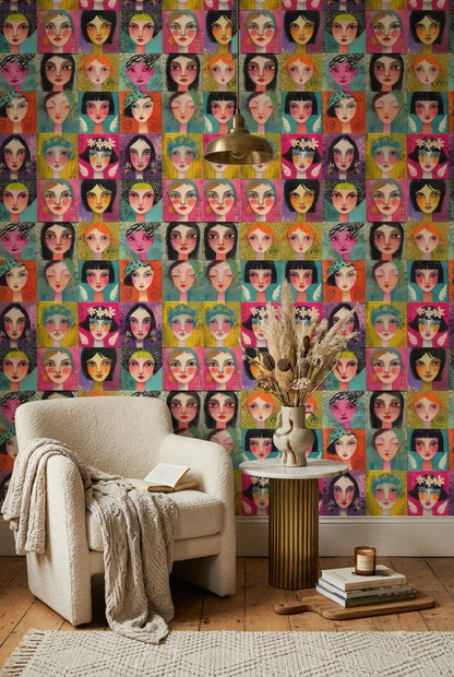 Stylized Female Portraits Wallpaper Colorful Grid Removable Mixed Media Texture Wall Decor