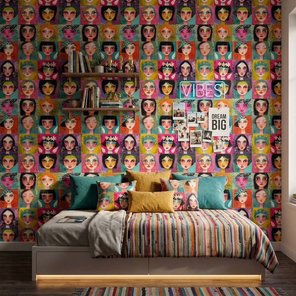 Stylized Female Portraits Wallpaper Colorful Grid Removable Mixed Media Texture Wall Decor