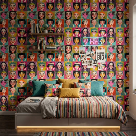Stylized Female Portraits Wallpaper Colorful Grid Removable Mixed Media Texture Wall Decor