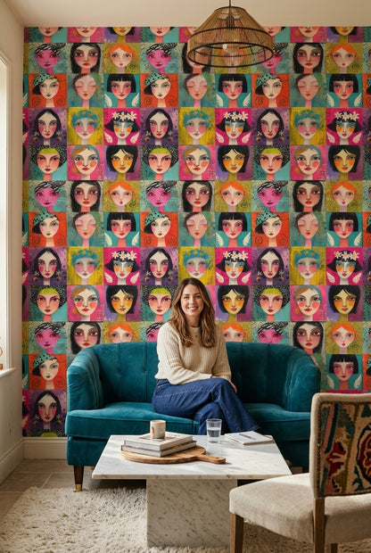 Stylized Female Portraits Wallpaper Colorful Grid Removable Mixed Media Texture Wall Decor