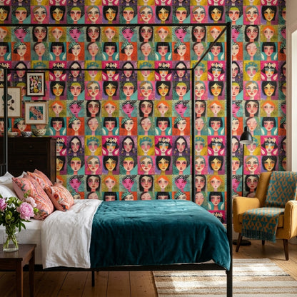 Stylized Female Portraits Wallpaper Colorful Grid Removable Mixed Media Texture Wall Decor