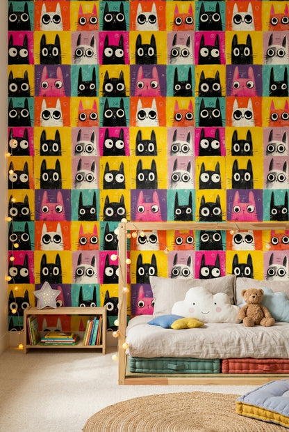 Cartoon Cats Wallpaper Pop Art Colorful Grid Removable Wall Decor