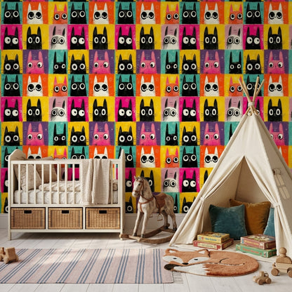 Cartoon Cats Wallpaper Pop Art Colorful Grid Removable Wall Decor