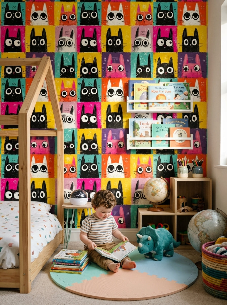 Cartoon Cats Wallpaper Pop Art Colorful Grid Removable Wall Decor
