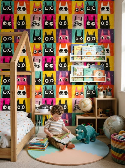 Cartoon Cats Wallpaper Pop Art Colorful Grid Removable Wall Decor