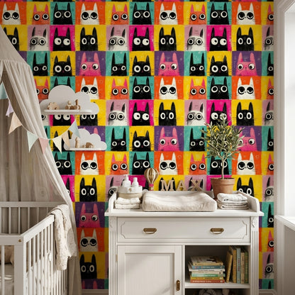 Cartoon Cats Wallpaper Pop Art Colorful Grid Removable Wall Decor