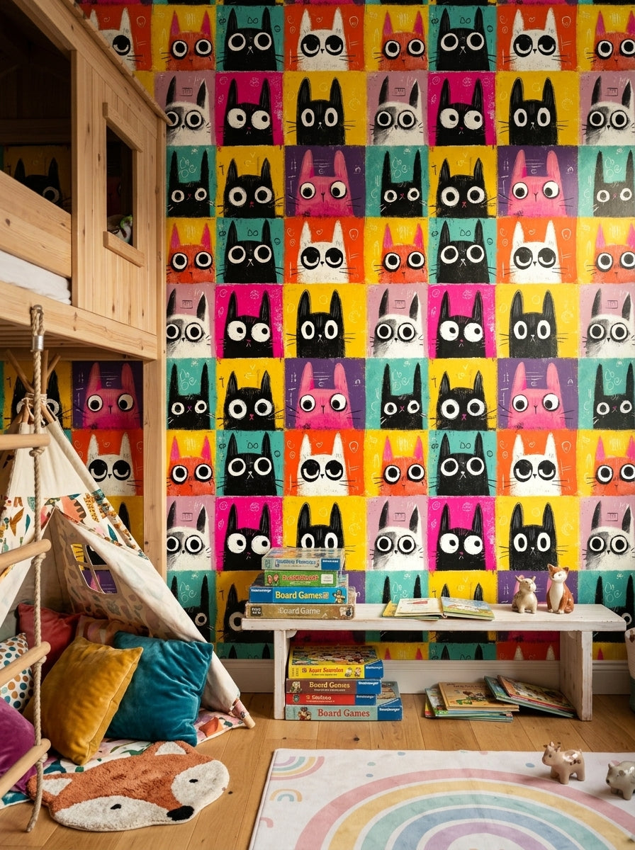Cartoon Cats Wallpaper Pop Art Colorful Grid Removable Wall Decor