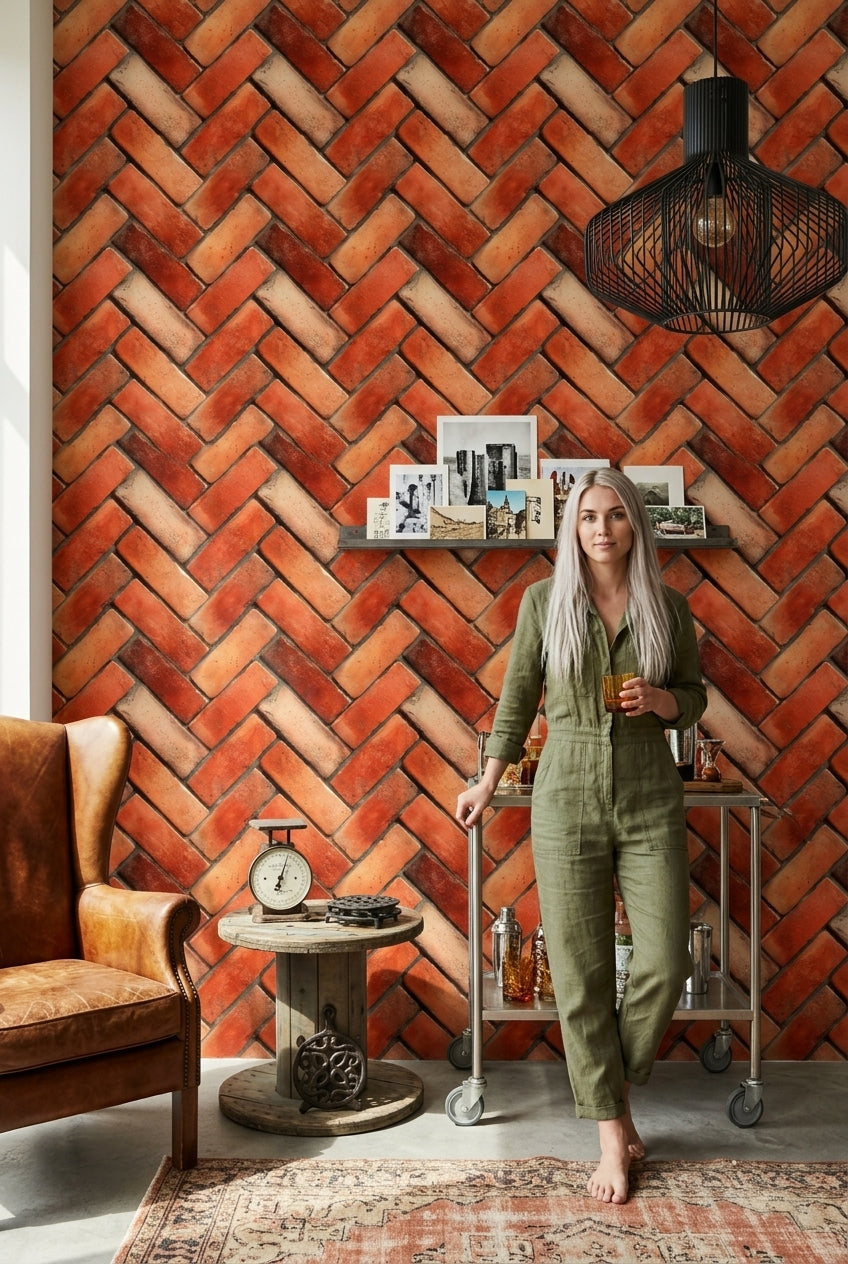 Diagonal Pattern Wallpaper Brick Terracotta Decorative Mural