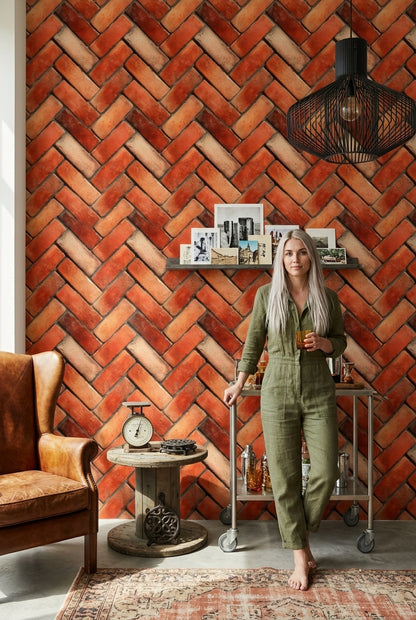 Diagonal Pattern Wallpaper Brick Terracotta Decorative Mural