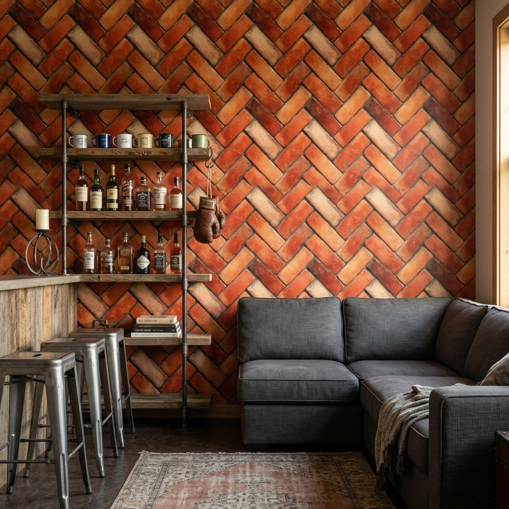 Diagonal Pattern Wallpaper Brick Terracotta Decorative Mural