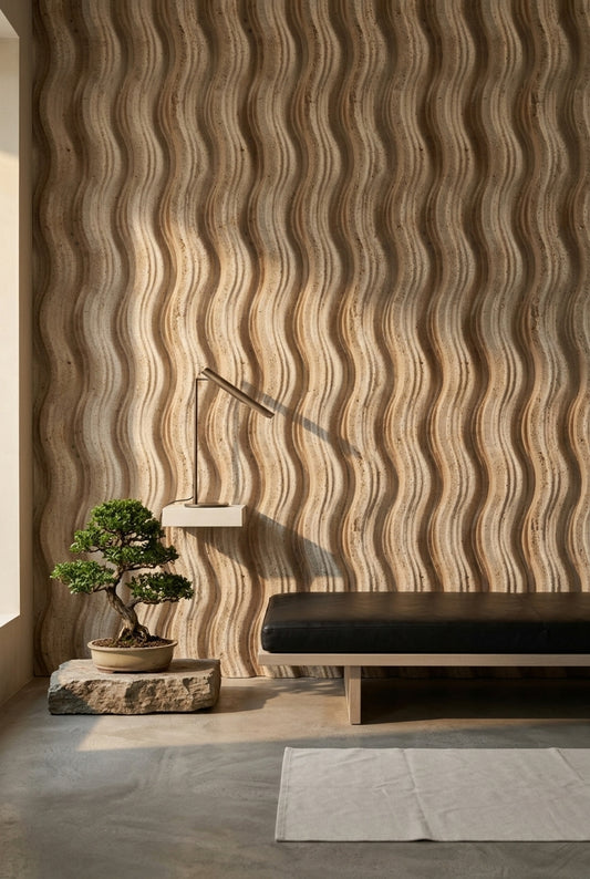 Abstract Wave Texture Wallpaper Beige Stone 3D Relief Removable Wall Decor