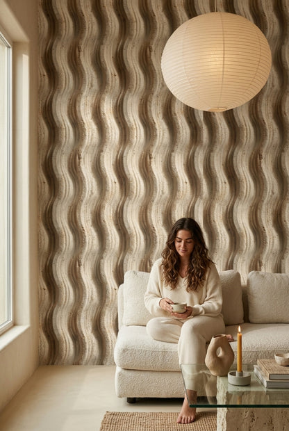 Abstract Wave Texture Wallpaper Beige Stone 3D Relief Removable Wall Decor