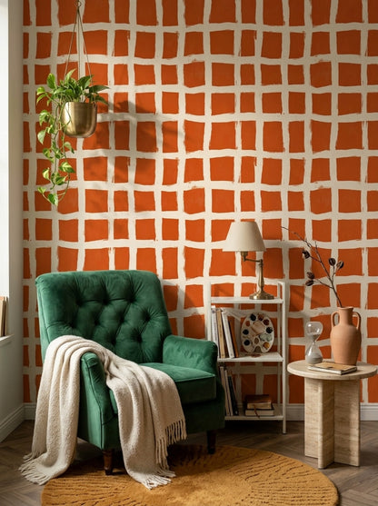 Checkered Grid Wallpaper Hand Painted Brushstroke Removable Modern Minimalist Wall Decor