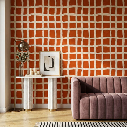 Checkered Grid Wallpaper Hand Painted Brushstroke Removable Modern Minimalist Wall Decor
