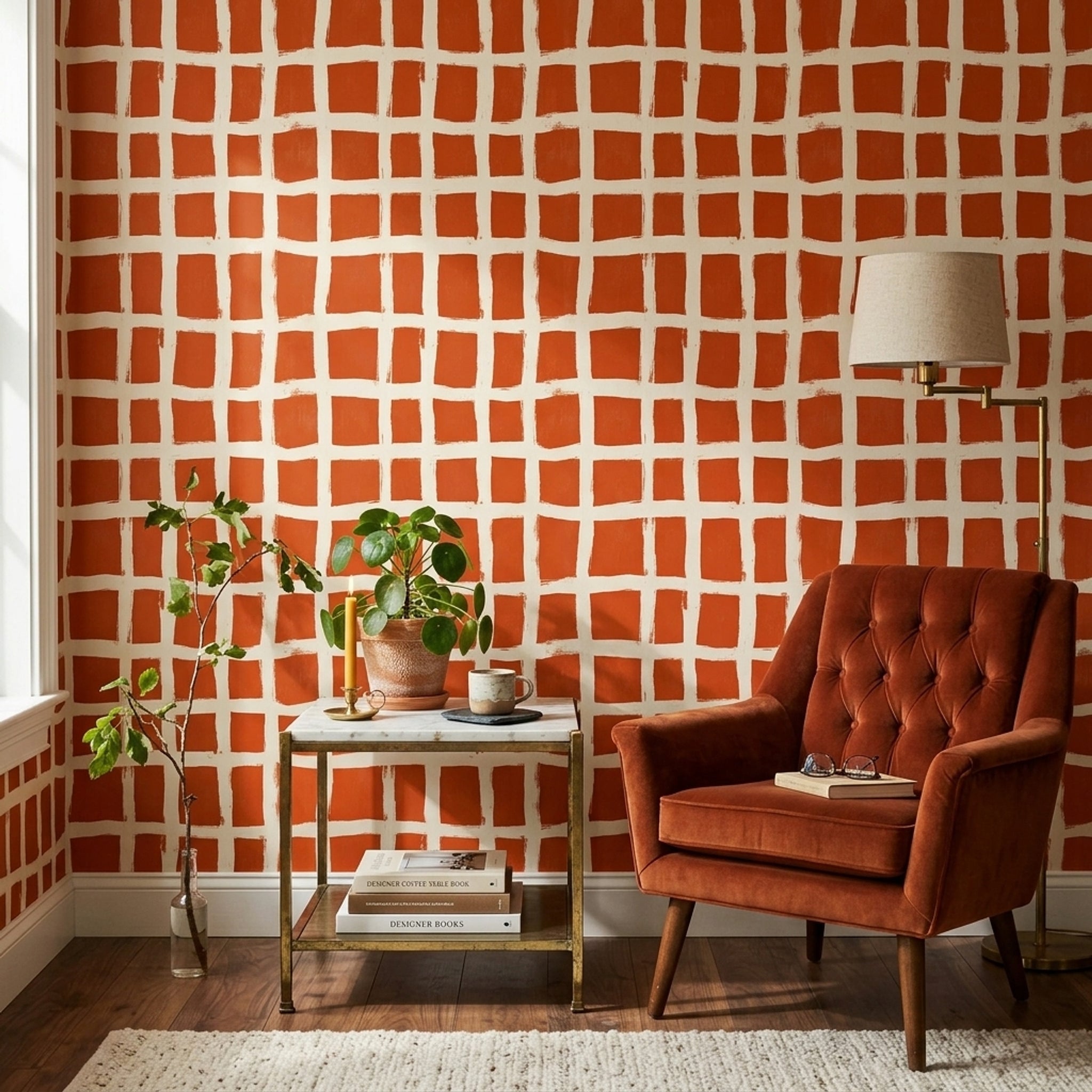 Checkered Grid Wallpaper Hand Painted Brushstroke Removable Modern Minimalist Wall Decor