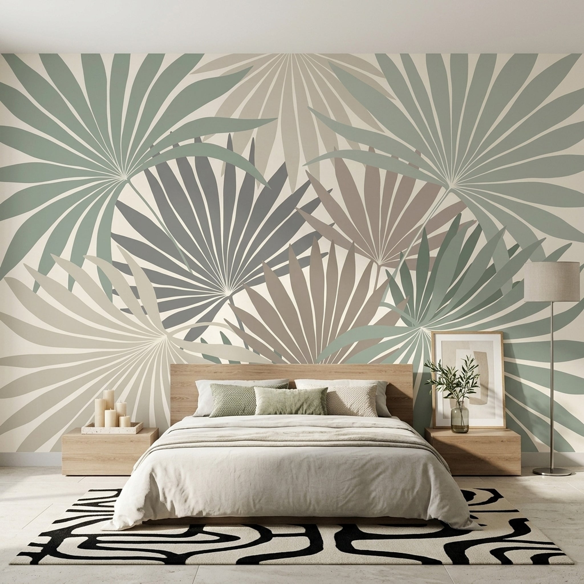 White Background Wallpaper Palm Leaf Botanical Removable Wall Decor