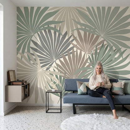 White Background Wallpaper Palm Leaf Botanical Removable Wall Decor