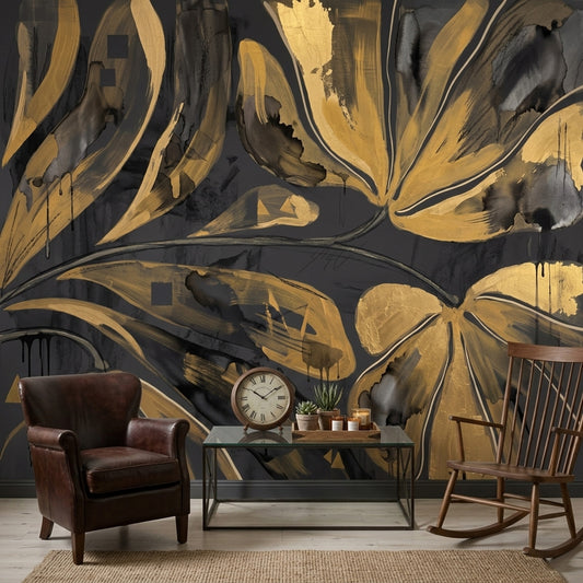 Gold Floral Wallpaper Abstract Botanical Removable Modern Glam Wall Decor