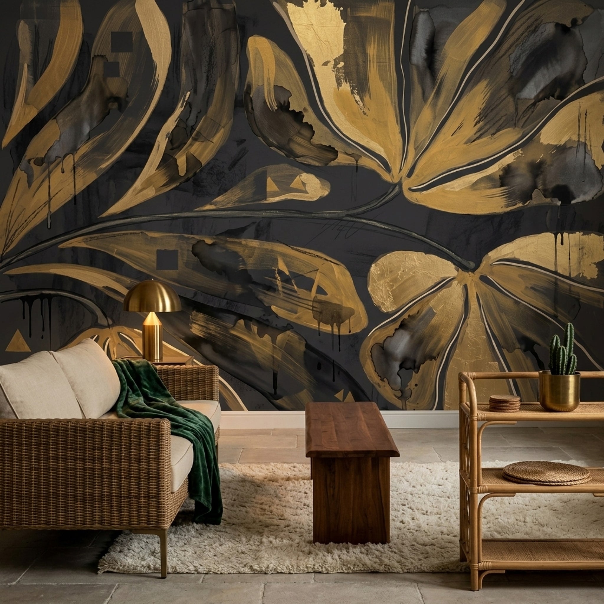 Gold Floral Wallpaper Abstract Botanical Removable Modern Glam Wall Decor