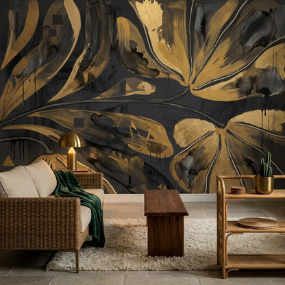 Gold Floral Wallpaper Abstract Botanical Removable Modern Glam Wall Decor