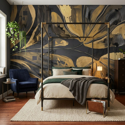 Gold Floral Wallpaper Abstract Botanical Removable Modern Glam Wall Decor
