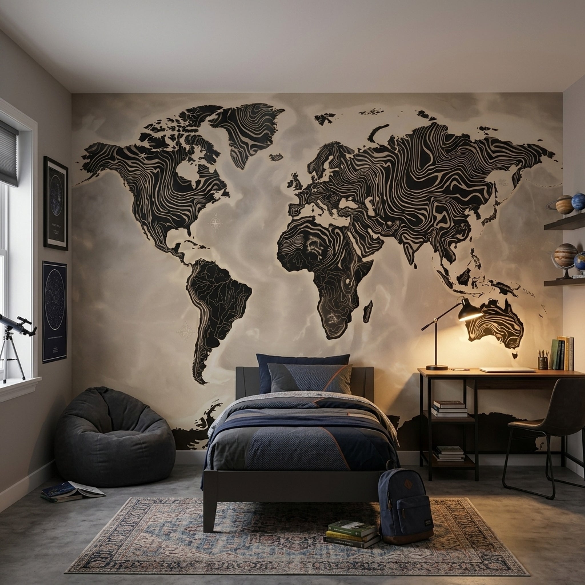 World Map Wallpaper Solid Black Wall Mural