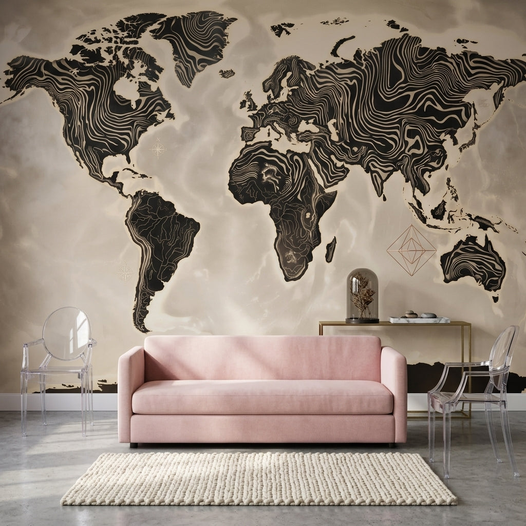 World Map Wallpaper Solid Black Wall Mural