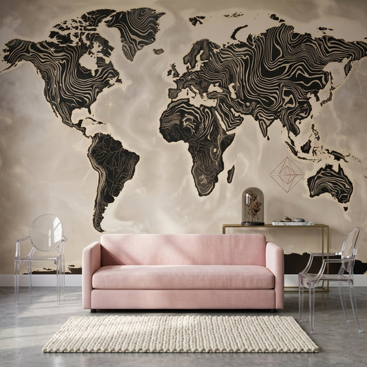 World Map Wallpaper Solid Black Wall Mural