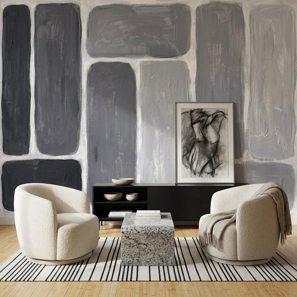 Rounded Rectangles Wallpaper Gray Monochrome Painted Texture Wall Mural