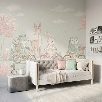 Woodland Animals Wallpaper Bicycles Spring Garden Removable Wall Decor