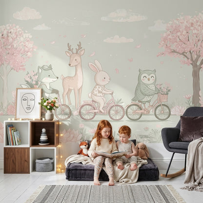 Woodland Animals Wallpaper Bicycles Spring Garden Removable Wall Decor