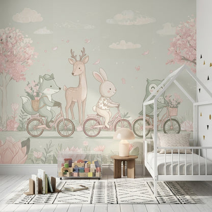 Woodland Animals Wallpaper Bicycles Spring Garden Removable Wall Decor