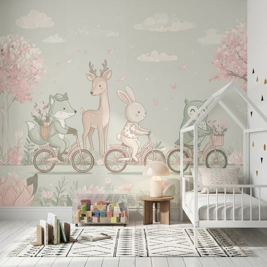Woodland Animals Wallpaper Bicycles Spring Garden Removable Wall Decor