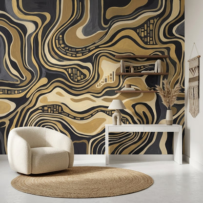 Topographic Wallpaper Black And Gold Luxury Removable Wall Decor